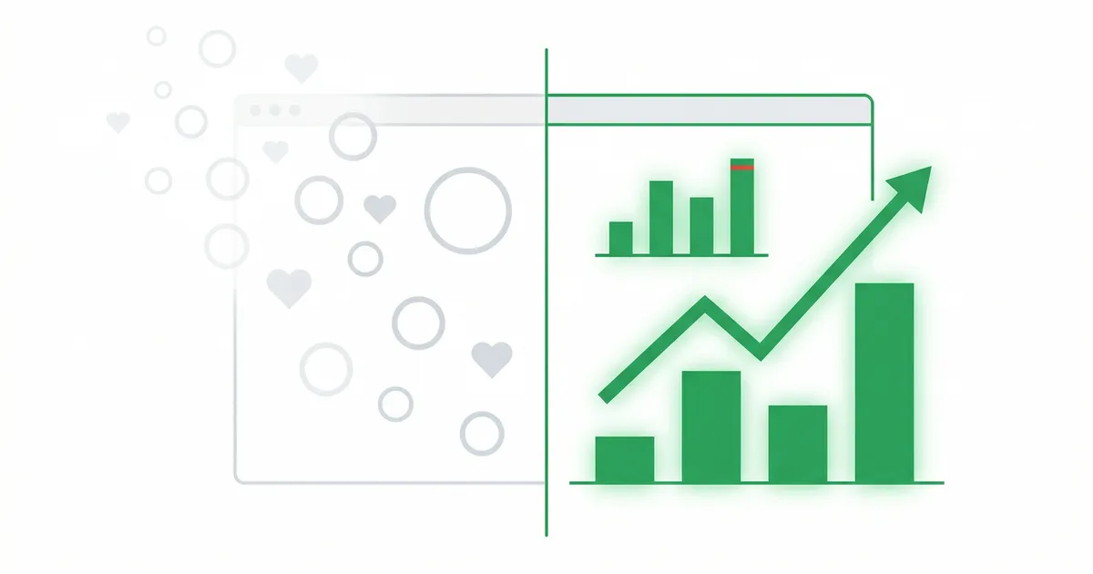 Dashboard comparando métricas de vanidad desvanecidas frente a métricas reales de negocio con gráficos sólidos