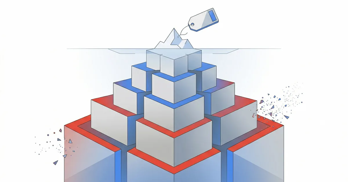Ilustración de un iceberg mostrando el coste visible de una web en la superficie y los costes ocultos masivos bajo el agua
