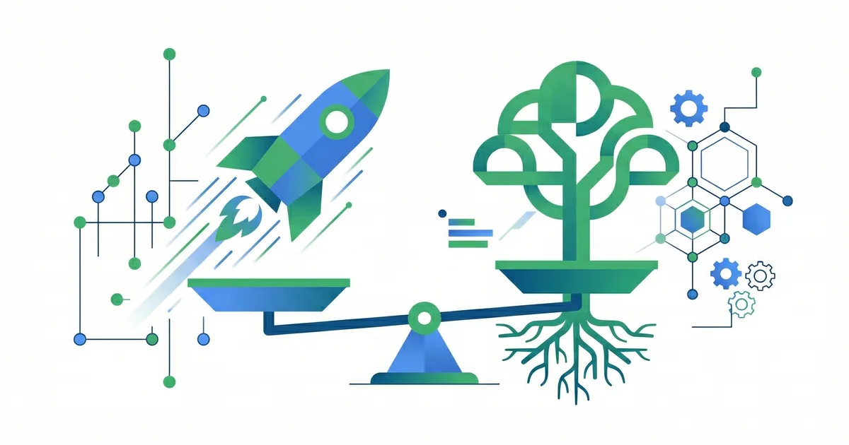 Balanza comparando un cohete (Google Ads) con un árbol con raíces (SEO orgánico)