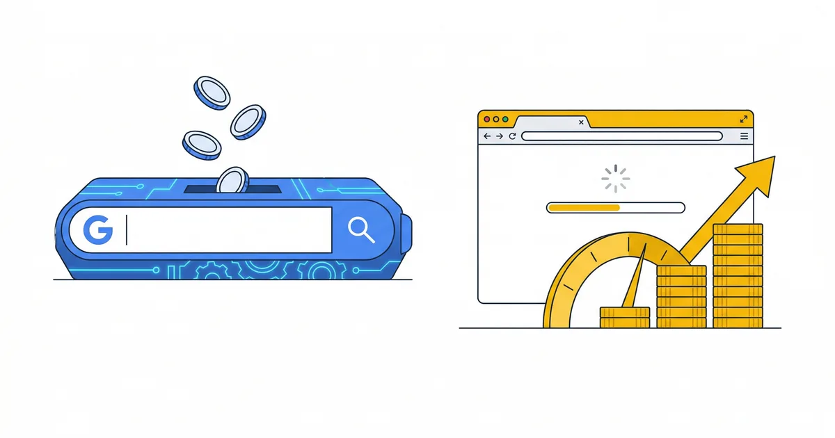 Ilustracion de una barra de busqueda de Google con monedas cayendo como una tragaperras junto a un medidor de coste creciente