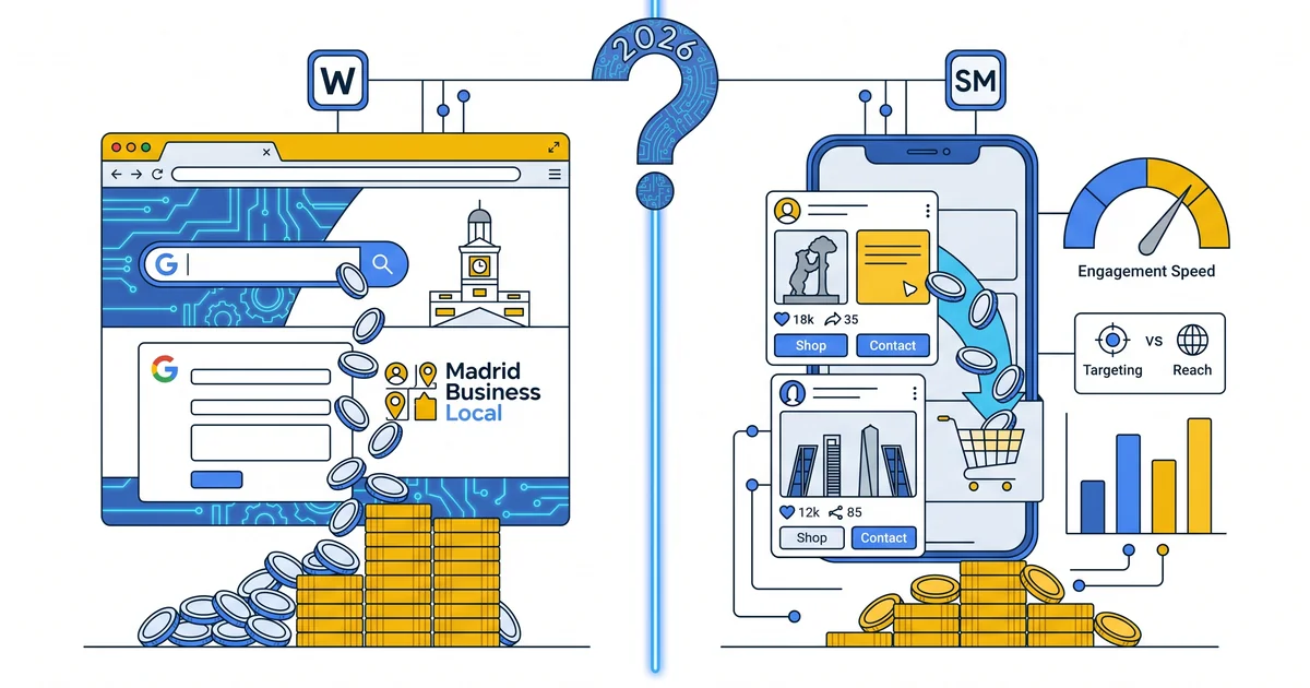 Comparativa visual entre web profesional y feed de redes sociales para captación de clientes en PYMES de Madrid