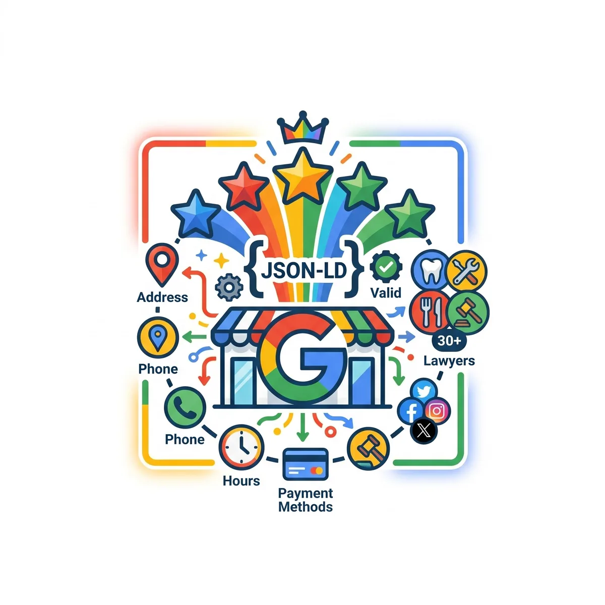 Captura del generador Schema LocalBusiness JSON-LD IMPERO con 30+ tipos de negocio (Dentist, AutoRepair, Restaurant) y código listo para Google